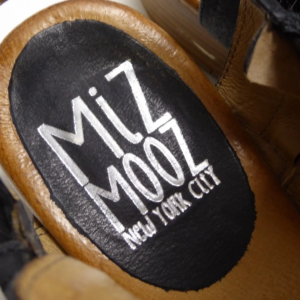 Miz Mooz Womens Farley Wedge Sandals Black Leather Studded Buckle 38 / 7.5